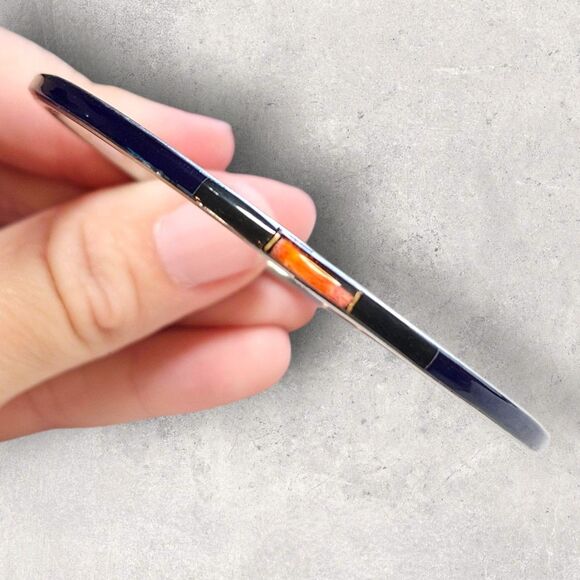 Set of 2 Vintage Silver Bangles with Coral, Lapis Lazuli & Onyx Inlay Bracelet - Picture 4 of 6